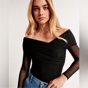 Abercrombie & Fitch Mesh Black Asymmetrical Off the Shoulder Wrap Bodysuit